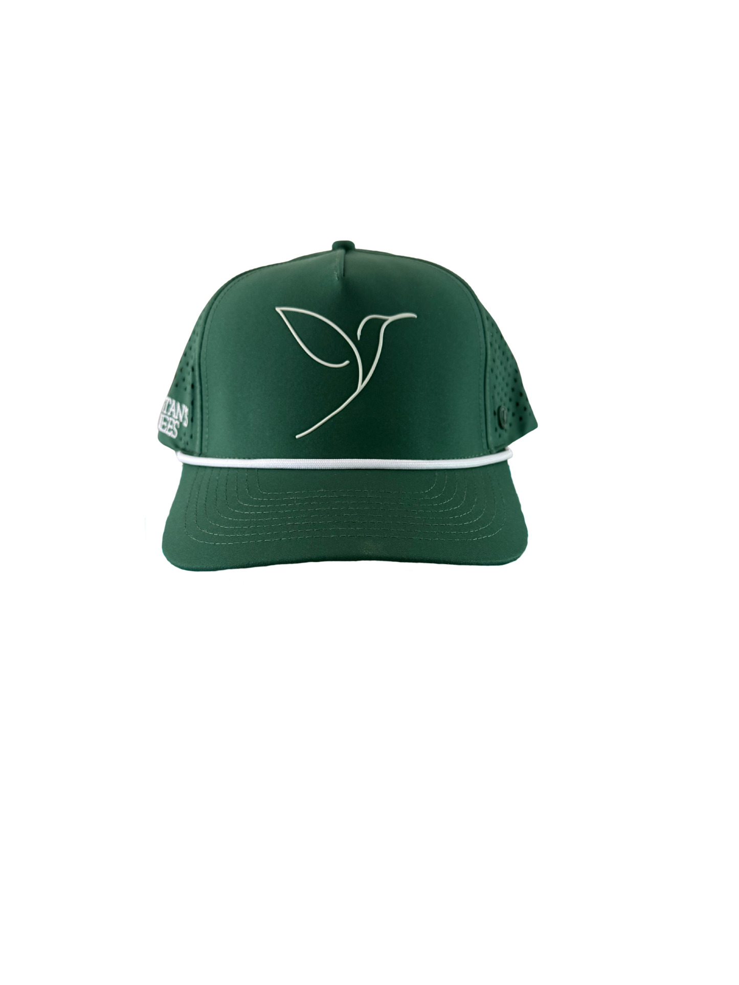 Green cap with a white logo on a white background
