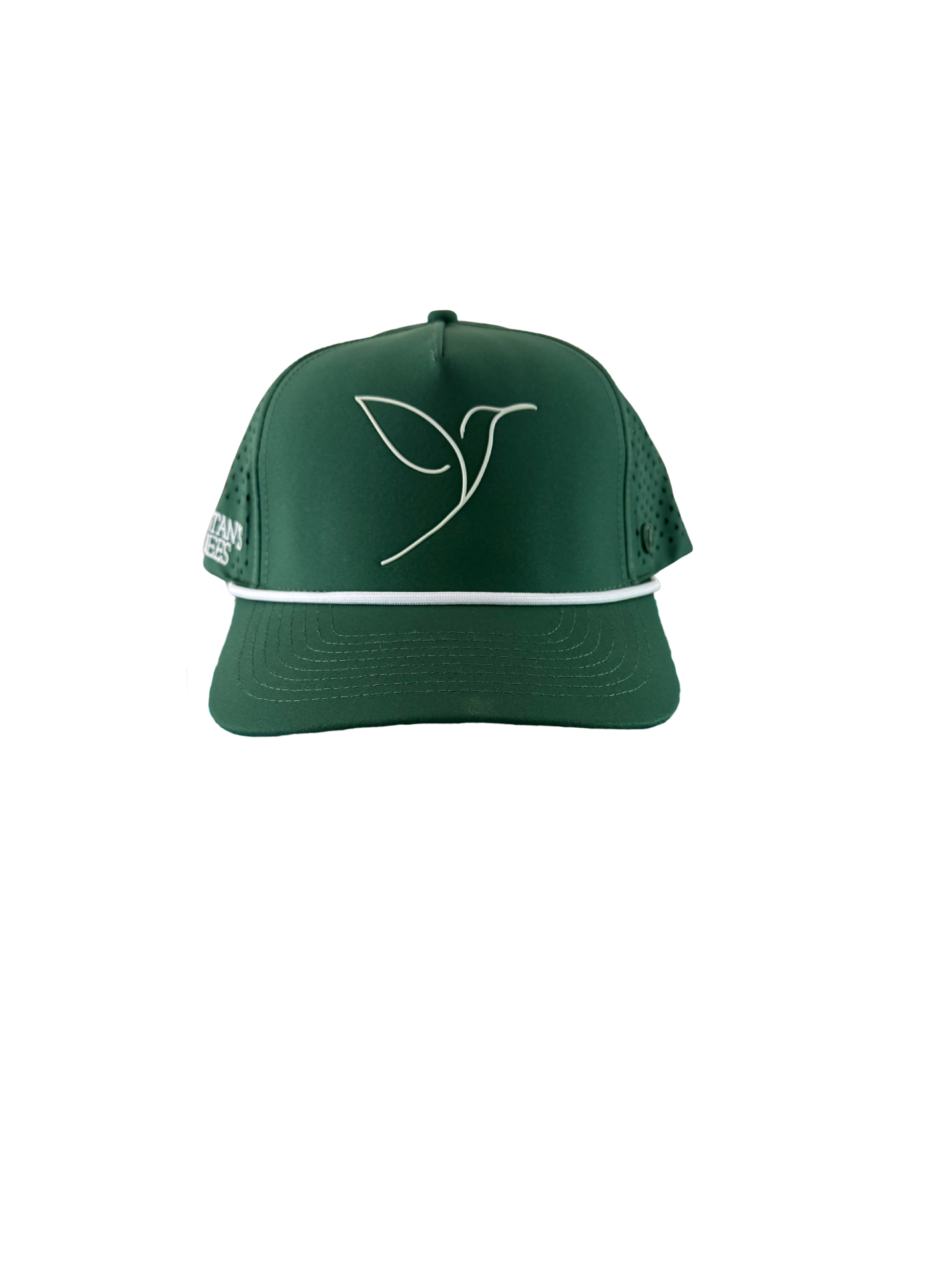 Green cap with a white logo on a white background
