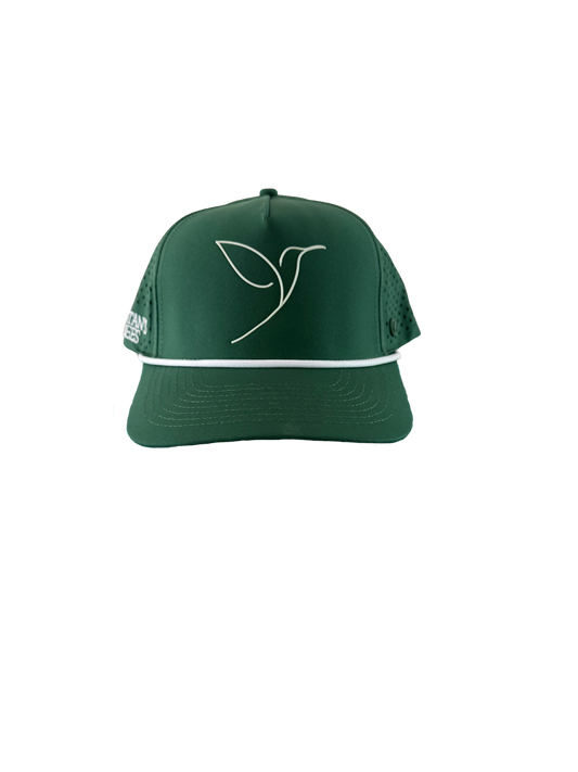 Green cap with a white logo on a white background